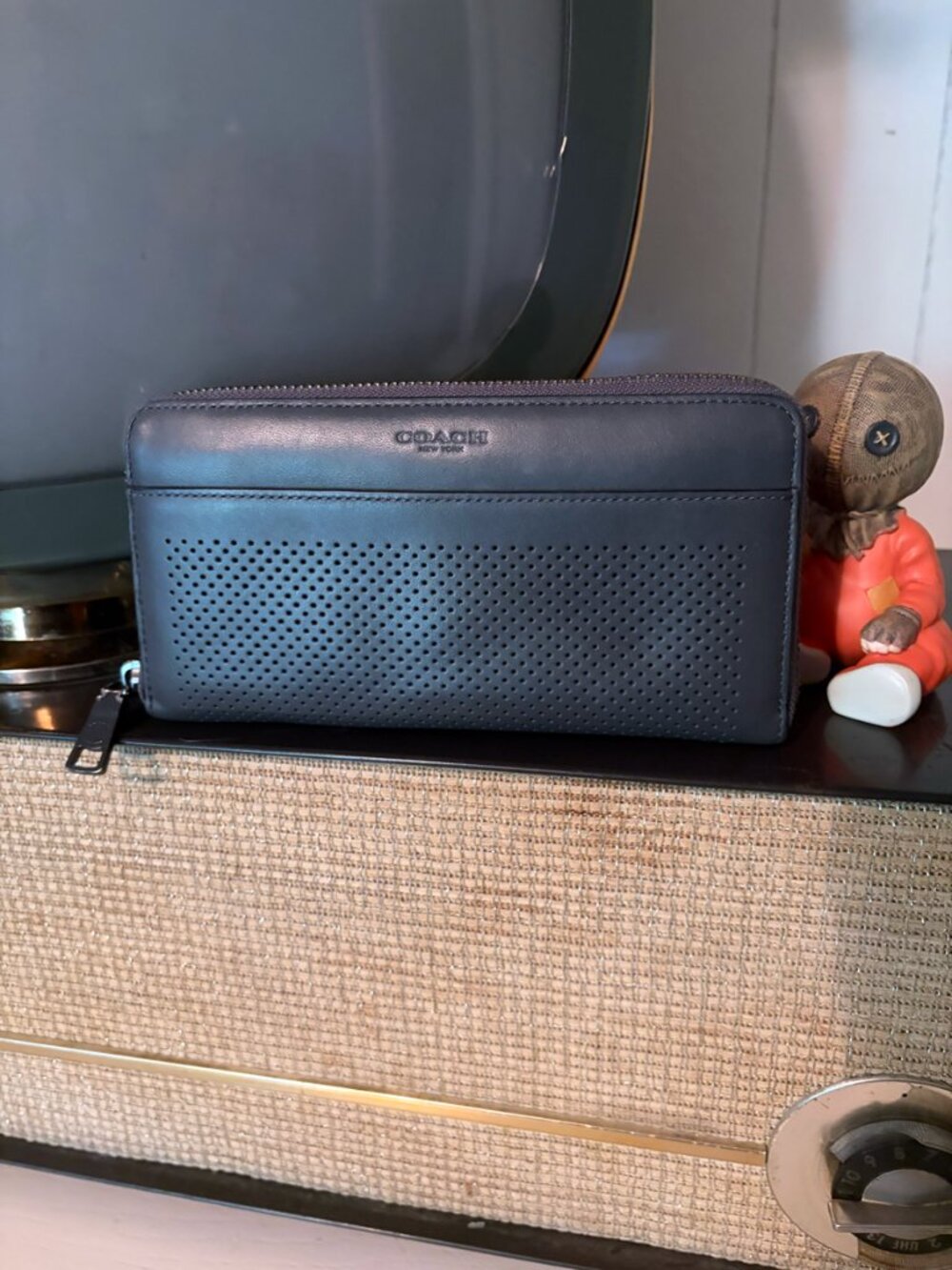 Coach Perforated Leather Wallet Slate Gray Signature Zip Around
